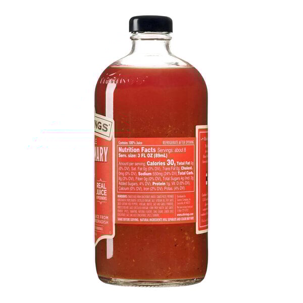 A glass bottle of Stirrings Bloody Mary Mix with a black cap and red label.