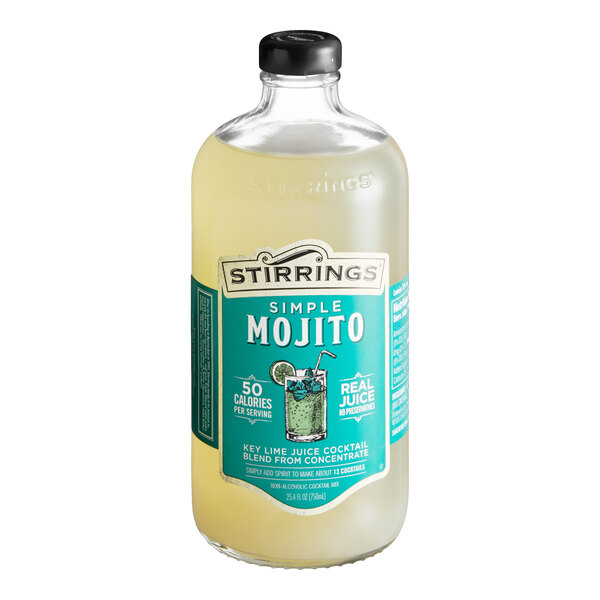 A 750 mL bottle of Stirrings Simple Mojito key lime juice cocktail mix.