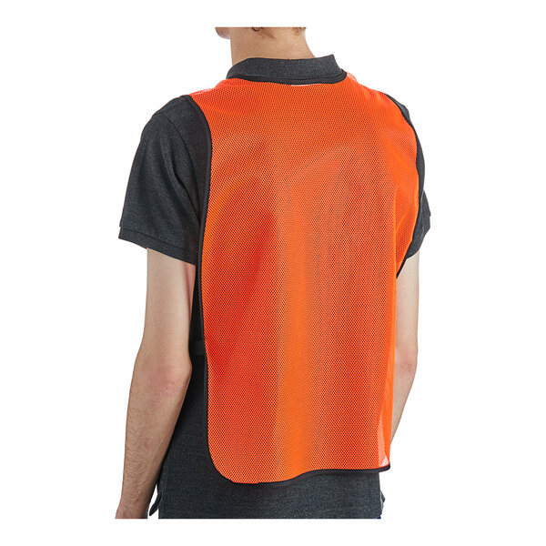 An orange high visibility general purpose safety vest with a hook and loop closure, shown from the back.