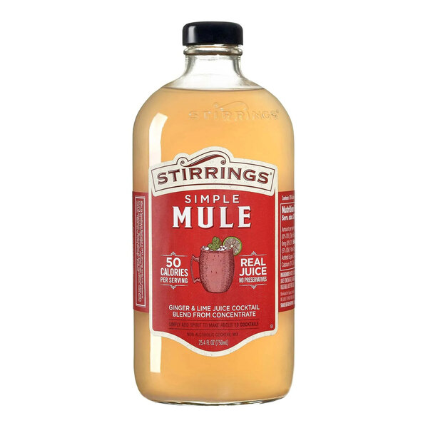 A 750 mL bottle of Stirrings Simple Mule ginger and lime juice cocktail mix.