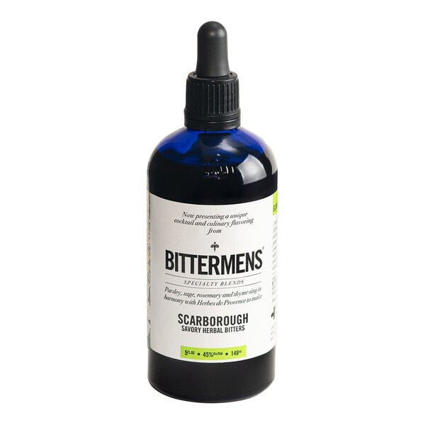 A 5 fl. oz. bottle of Bittermens Scarborough Savory Herbal Bitters with a dropper cap.
