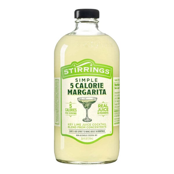 A 750 mL bottle of Stirrings Simple 5 Calorie Margarita Mix.