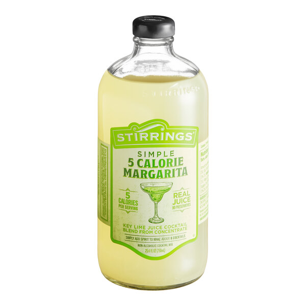 A 750 mL bottle of Stirrings 5 Calorie Margarita Mix.
