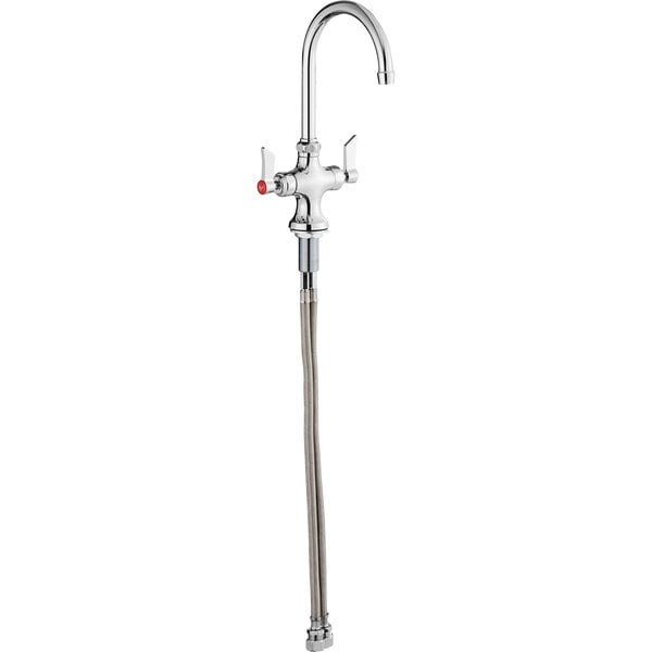 A deck-mount single inlet faucet with a 6-inch gooseneck spout, supply hoses, and lever handles.