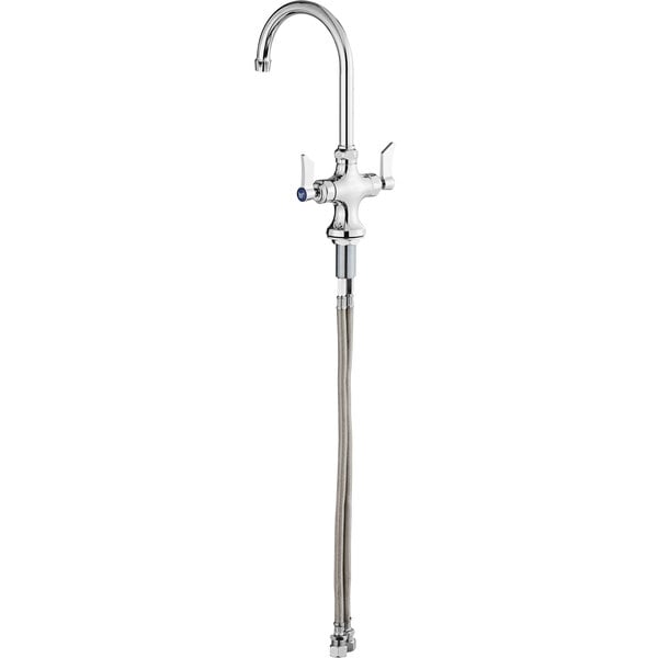 A deck-mount single inlet faucet with a 6-inch gooseneck spout, supply hoses, and lever handles.