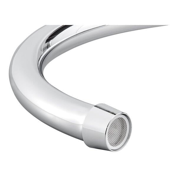 A chrome gooseneck spout for a deck-mount faucet with a mesh aerator at the tip.