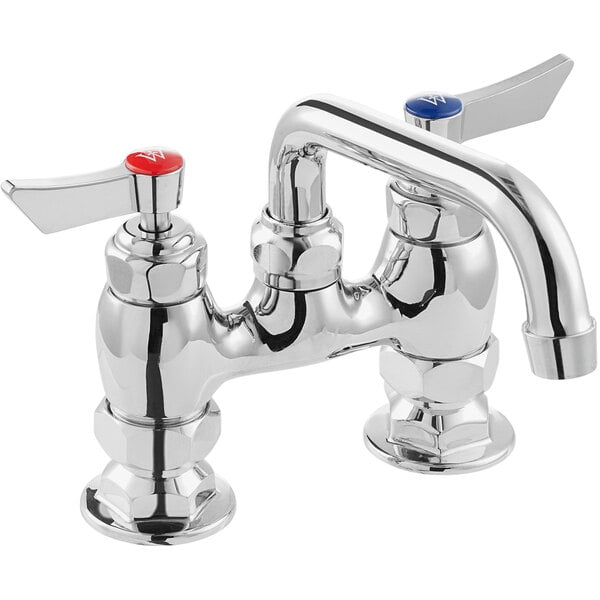 A chrome deck-mount faucet with a 6-inch swing spout, 4-inch centers, and lever handles marked for hot and cold water.