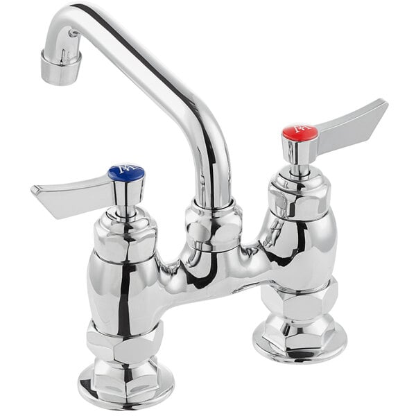A chrome deck-mount faucet with a 6-inch swing spout, 4-inch centers, and lever handles for hot and cold water.