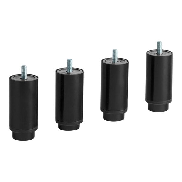 A set of four black cylindrical replacement legs with threaded metal studs for the Avantco Ice EUC-G-80-A unit.