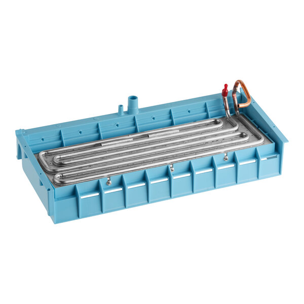 An evaporator unit for an Avantco EUC-H-230-A ice machine, featuring a blue plastic housing and metal tubing.