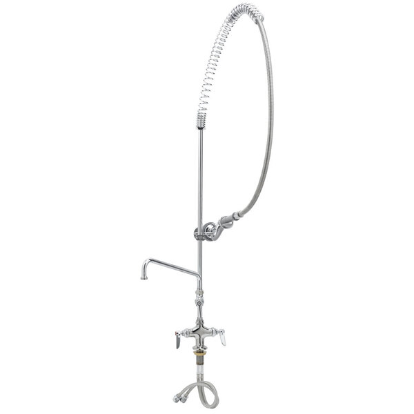 A chrome T&S single hole deck mount faucet base with flex hoses attached.