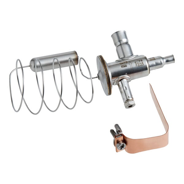 An expansion valve assembly for Avantco Ice EUC series ice machines, including a metal valve, coiled sensor, and copper mounting bracket.