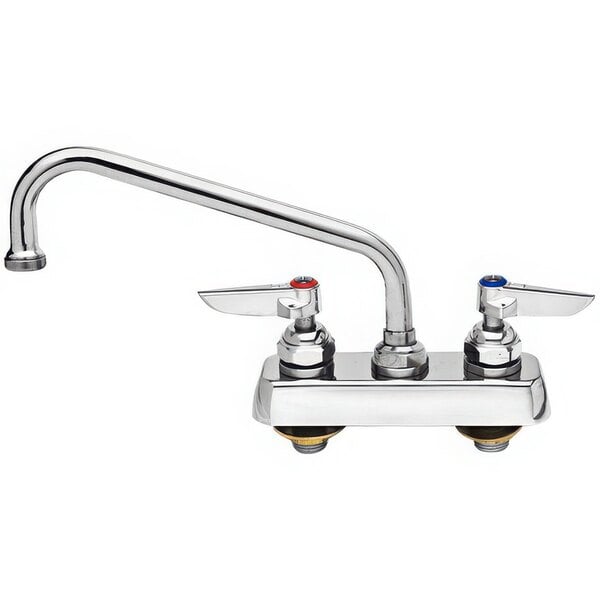 A T&S chrome deck-mounted workboard faucet with lever handles.