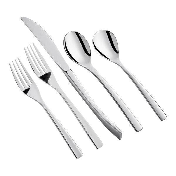 A five-piece set of Acopa Lore 18/8 stainless steel extra heavy weight flatware including two forks, a knife, and two spoons.