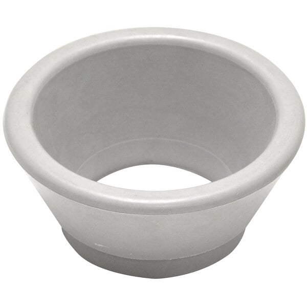 A white plastic bowl with a hole in the bottom.