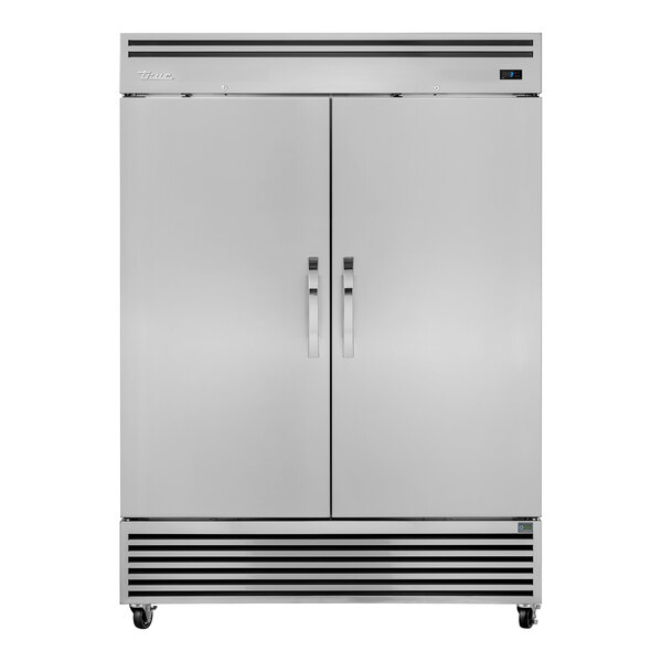 A stainless steel, double-door reach-in freezer.