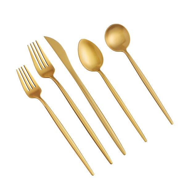 A five-piece set of gold brushed stainless steel flatware including two forks, a knife, and two spoons.