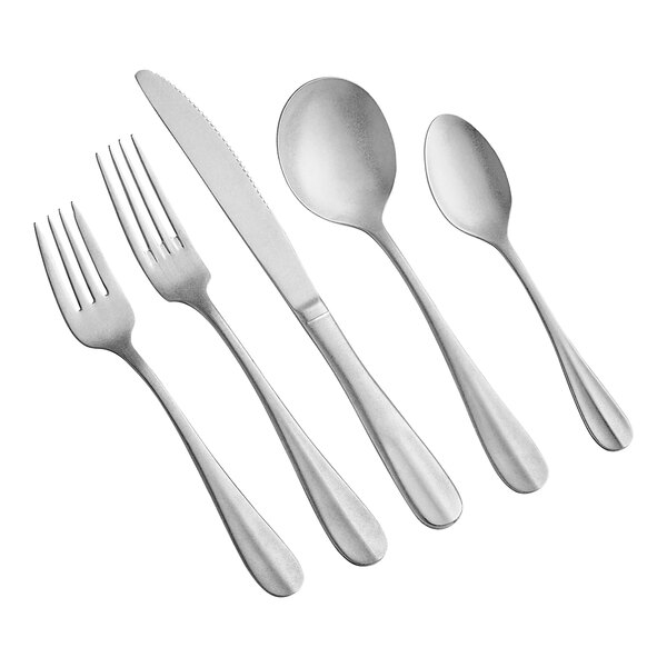 A five-piece set of stainless steel flatware including two forks, a knife, and two spoons.