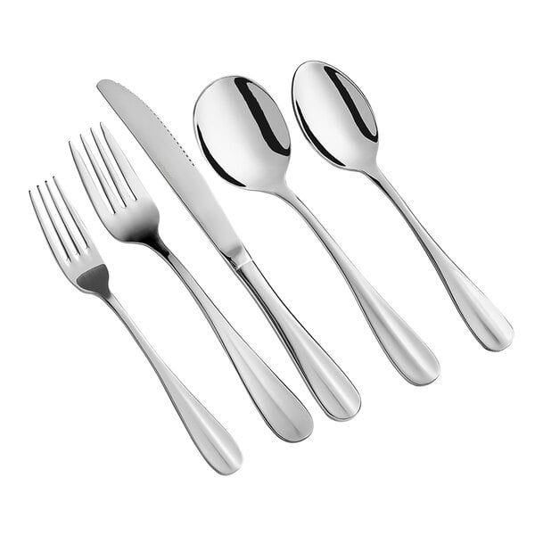 A five-piece set of stainless steel flatware including two forks, a knife, and two spoons.