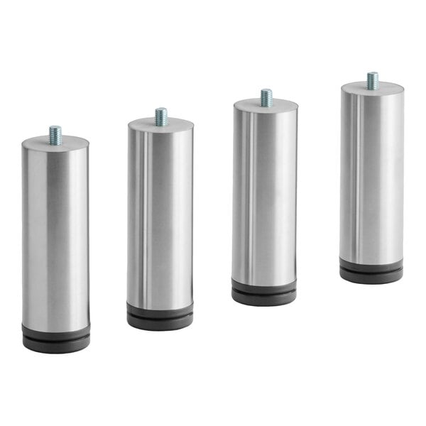A set of four cylindrical metal legs with threaded studs and black bases, designed for use with select Avantco Ice Diamond ice machines.