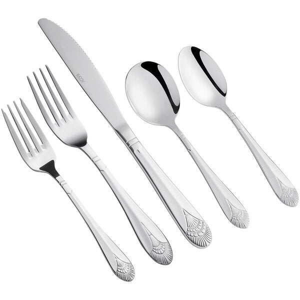 A five-piece set of stainless steel flatware including two forks, a knife, and two spoons with decorative handles.