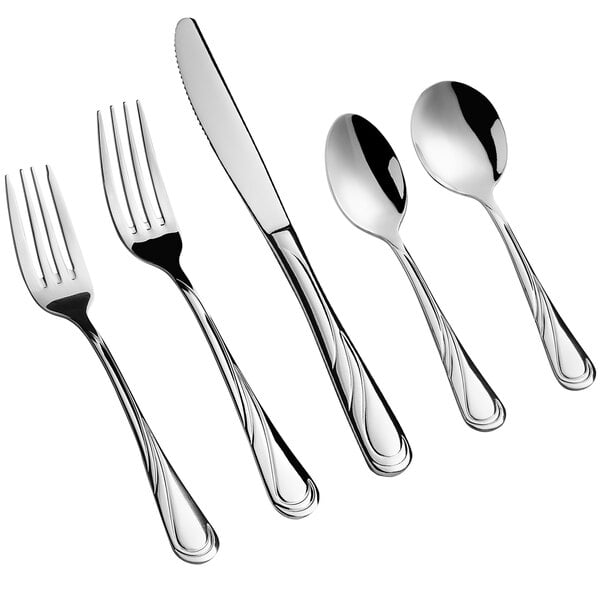 A five-piece set of stainless steel flatware with a swirl pattern on the handles, including two forks, a knife, and two spoons.