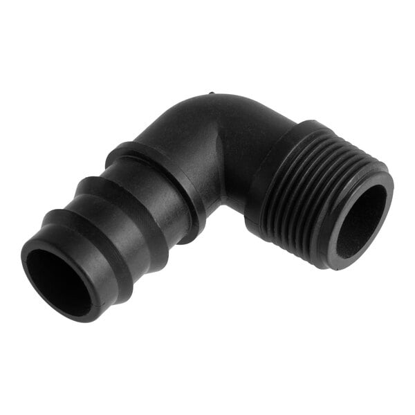 A black plastic elbow drain fitting with a barbed end and a threaded end, designed for use with Avantco Ice EBIN50030 and EBIN40022 models.