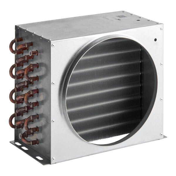 A metal condenser unit with copper tubing, designed for use with Avantco EUC-H-230-A and EUC-F-230-A models.