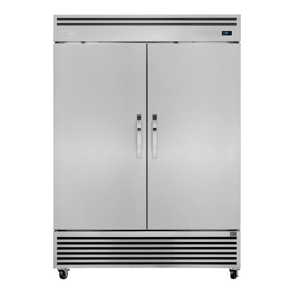 A large stainless steel double-door reach-in refrigerator.