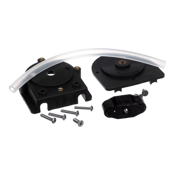 A peri pump assembly kit with black plastic components, a white roller, screws, and a clear tube.