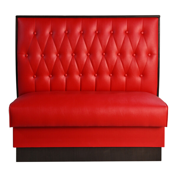 American Tables & Seating William 45 1/2" Long Bright Red Upholstered Double Booth with Button Tufted Back and Walnut Finishes - 42" High