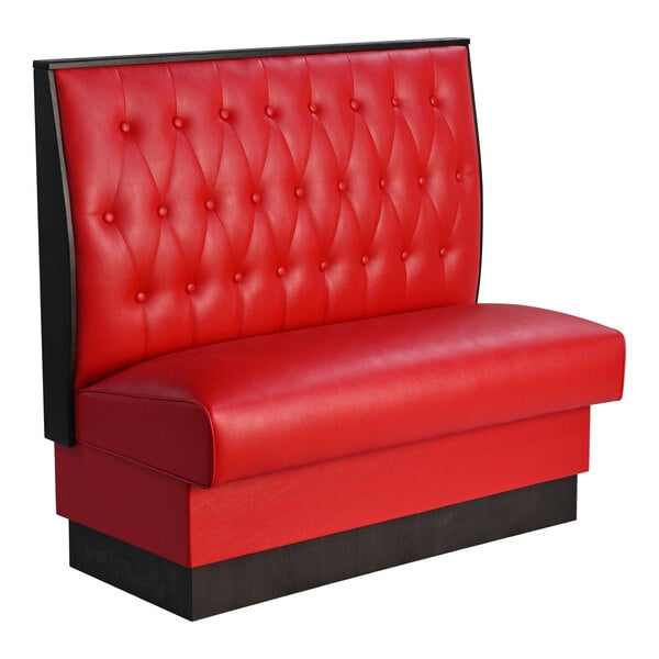 American Tables & Seating William 45 1/2" Long Bright Red Upholstered Single Booth with Button Tufted Back and Walnut Finishes - 42" High