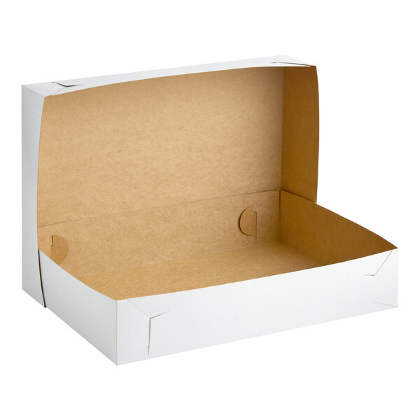 A white half sheet cake or bakery box with an open lid and brown interior.