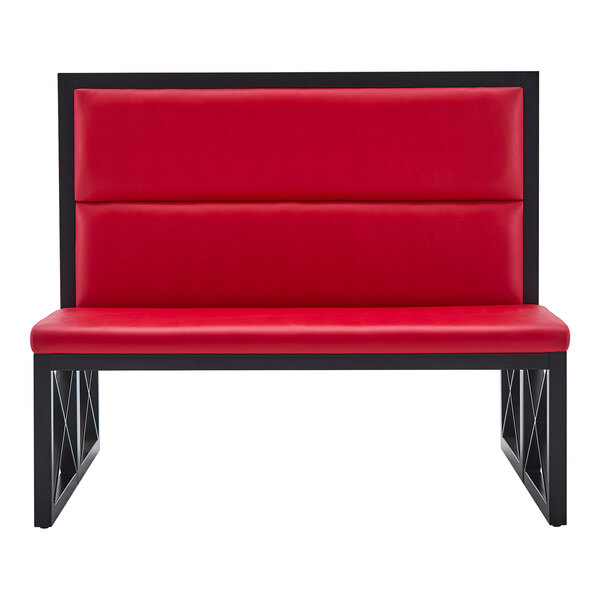 American Tables & Seating 47 1/2" Long Black Metal Double Booth with Bright Red Vinyl - 42" High