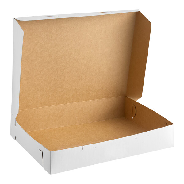 A white cardboard bakery box with a hinged lid, designed for holding donuts or baked goods.