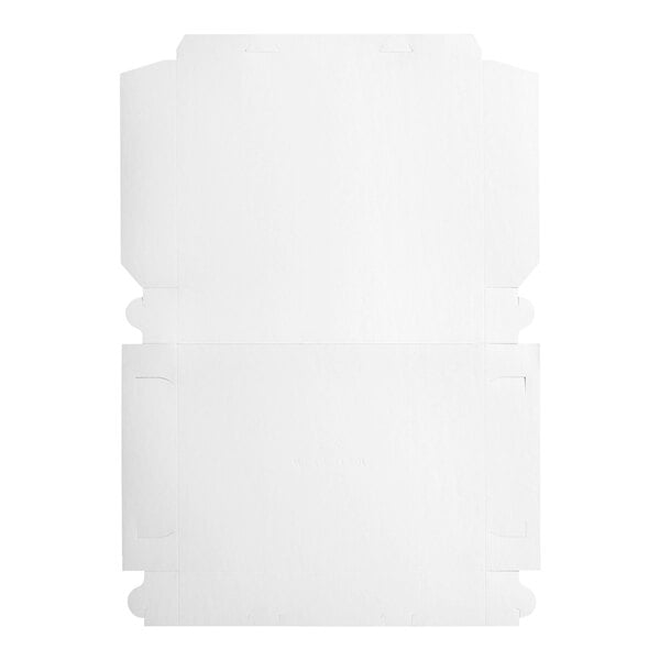 A flat, unfolded white cardboard bakery or donut box.