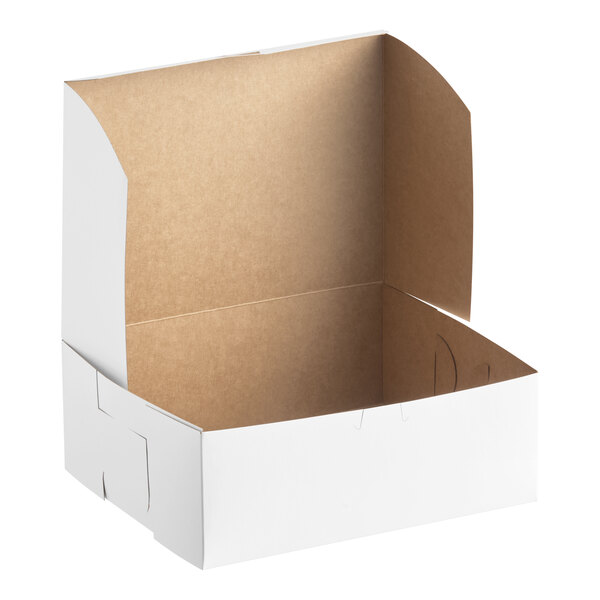 A white bakery box with an open lid, measuring 11 inches by 8 inches by 4 inches.