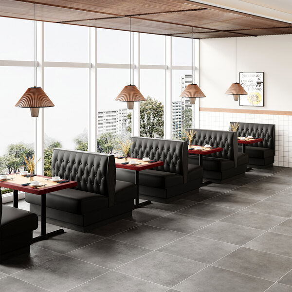 American Tables & Seating William 45 1/2" Long Black Upholstered Double Booth with Button Tufted Back and Walnut Finishes - 42" High