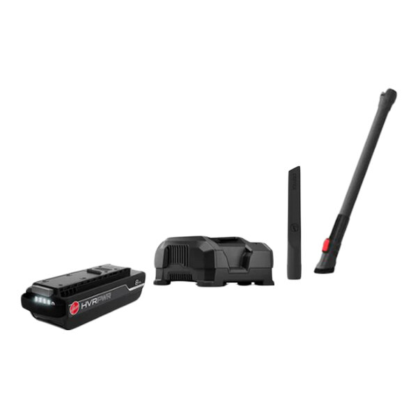 A set of accessories for the Hoover HVRPWR CH91700V 15-inch cordless upright vacuum cleaner, including a battery, charger, and cleaning tools.