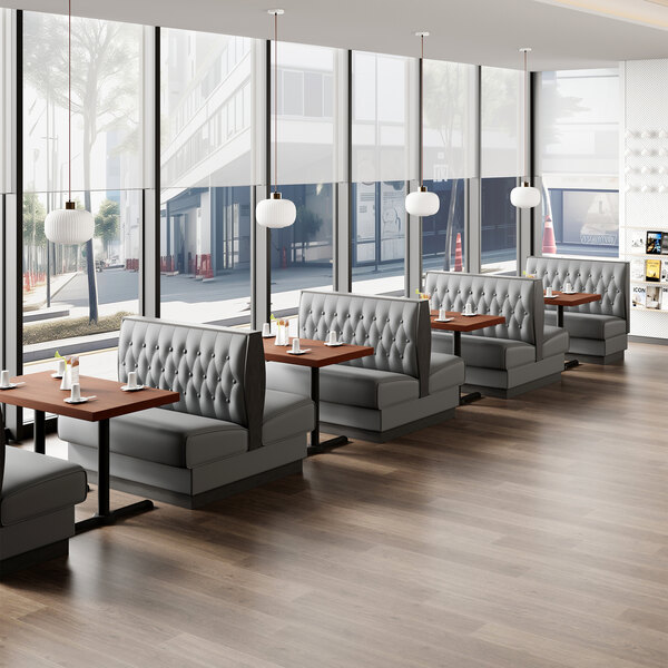 American Tables & Seating William 45 1/2" Long Gray Upholstered Double Booth with Button Tufted Back and Walnut Finishes - 42" High