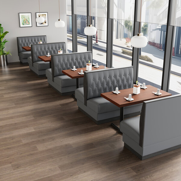 American Tables & Seating William 45 1/2" Long Gray Upholstered Double Booth with Button Tufted Back and Walnut Finishes - 42" High