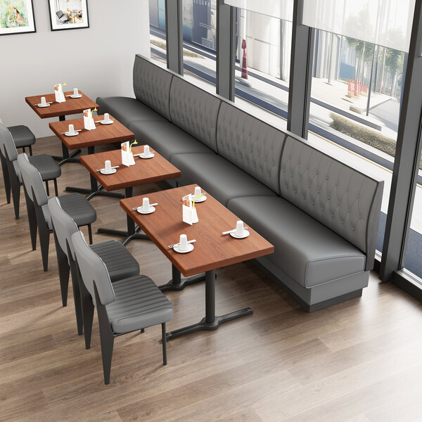 American Tables & Seating William 45 1/2" Long Gray Upholstered Double Booth with Button Tufted Back and Walnut Finishes - 42" High