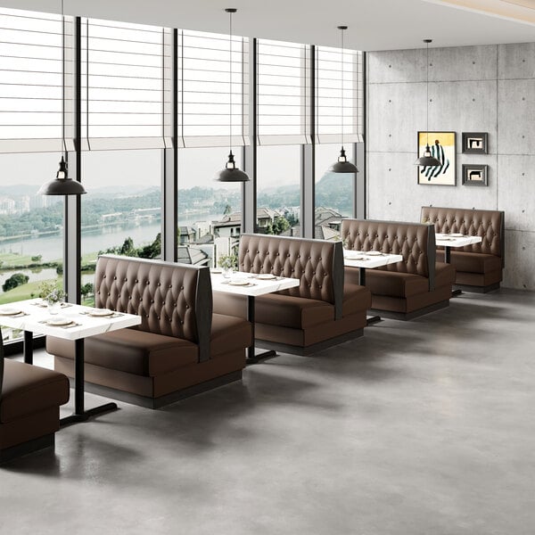 American Tables & Seating William 45 1/2" Long Brown Upholstered Double Booth with Button Tufted Back and Walnut Finishes - 42" High