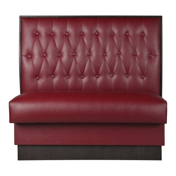 American Tables & Seating William 45 1/2" Long Red Upholstered Double Booth with Button Tufted Back and Walnut Finishes - 42" High