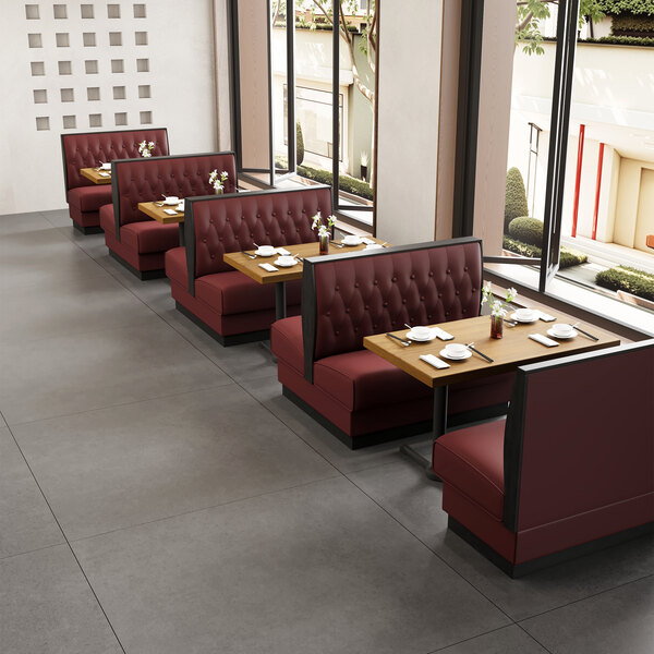American Tables & Seating William 45 1/2" Long Red Upholstered Double Booth with Button Tufted Back and Walnut Finishes - 42" High