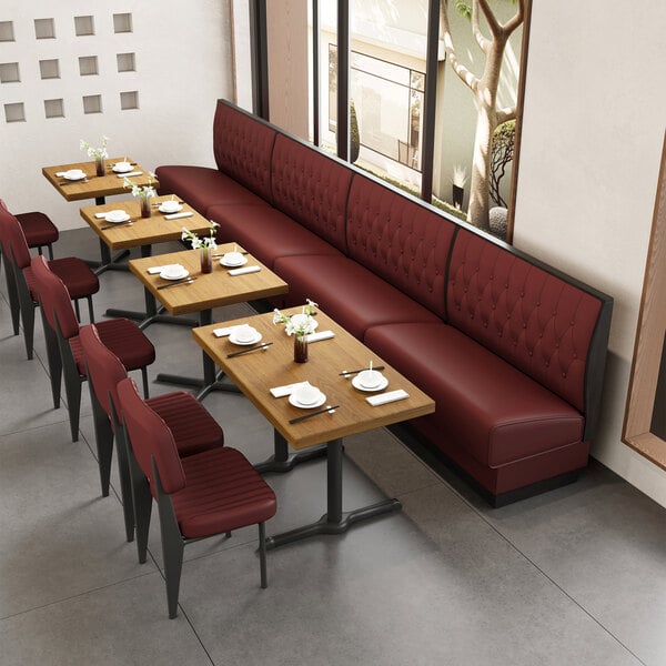 American Tables & Seating William 45 1/2" Long Red Upholstered Double Booth with Button Tufted Back and Walnut Finishes - 42" High