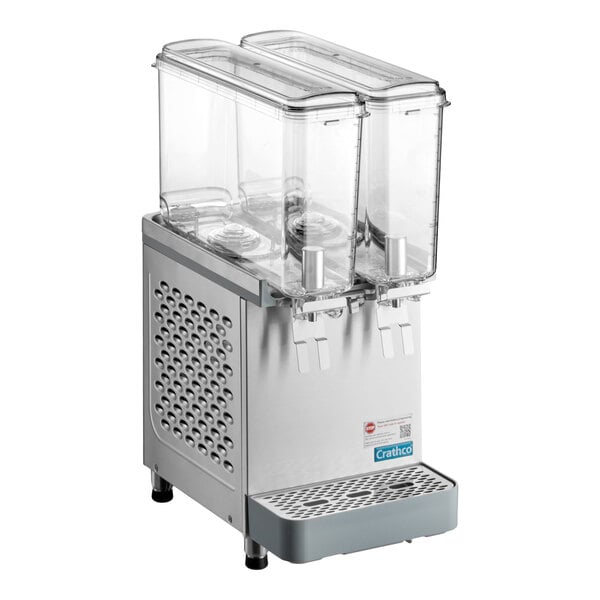 A double-bowl refrigerated beverage dispenser with a stainless steel base and clear plastic containers.