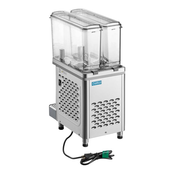 A double-bowl refrigerated beverage dispenser with a stainless steel base and clear plastic containers.