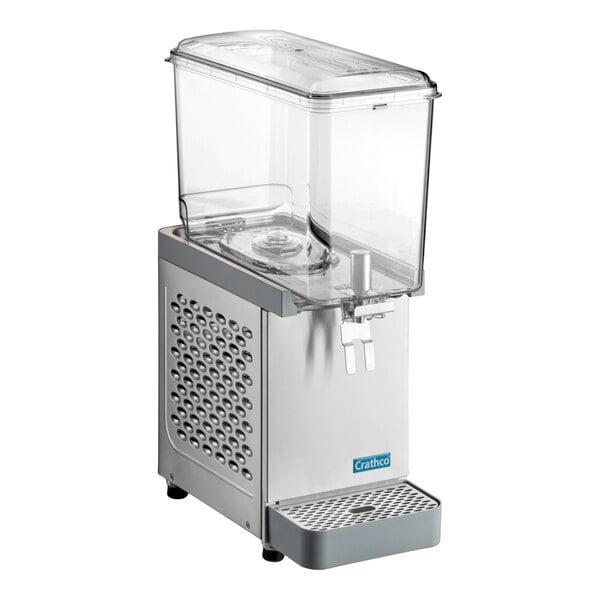 A single-bowl refrigerated beverage dispenser with a clear container and stainless steel base.