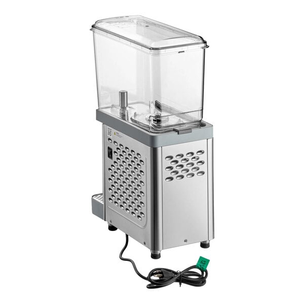 A single-bowl refrigerated beverage dispenser with a clear container and stainless steel base.